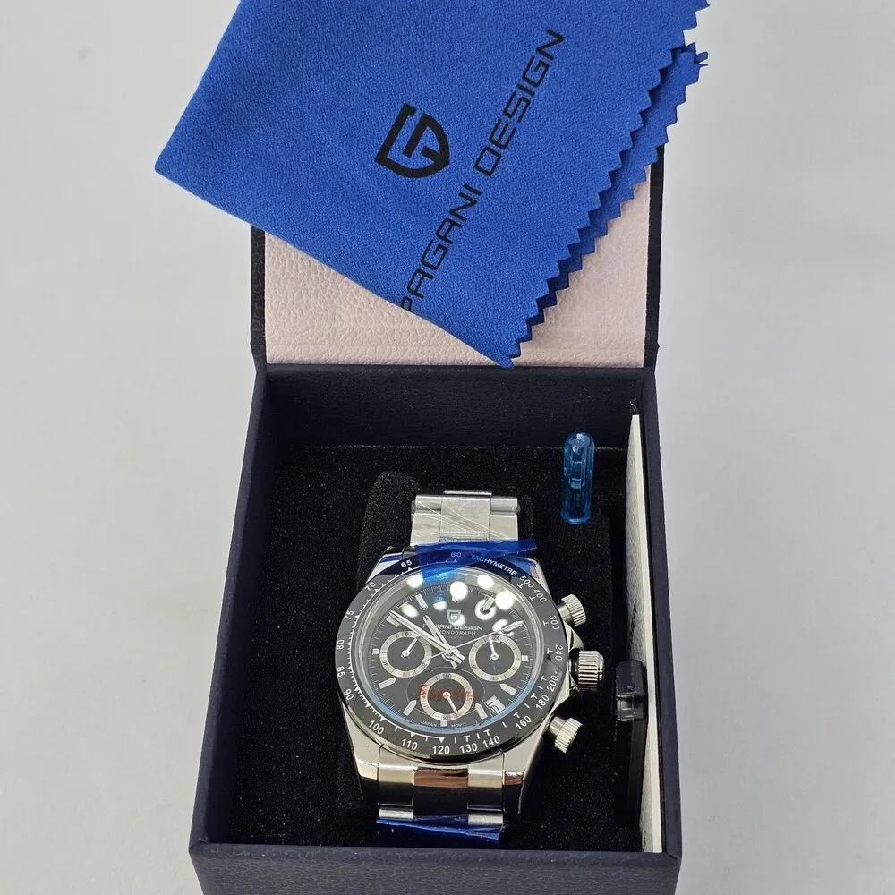Pagani Design Men's Watch 40MM Black Dial Black Bezel Gray Bracelet Band Date